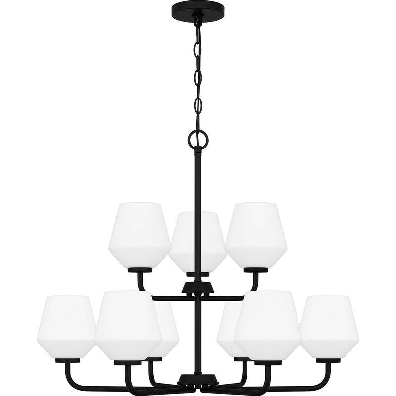 Quoizel Nielson 28in 9-Light Chandelier | Transitional Matte Black and Opal Etched Glass | Dining Room & Foyer | Model NIE5028MBK