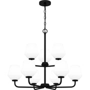 Quoizel Nielson 28in 9-Light Chandelier | Transitional Matte Black and Opal Etched Glass | Dining Room & Foyer | Model NIE5028MBK