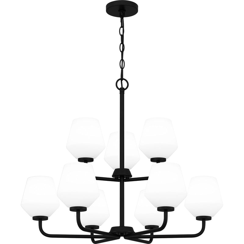 Quoizel Nielson 28in 9-Light Chandelier | Transitional Matte Black and Opal Etched Glass | Dining Room & Foyer | Model NIE5028MBK