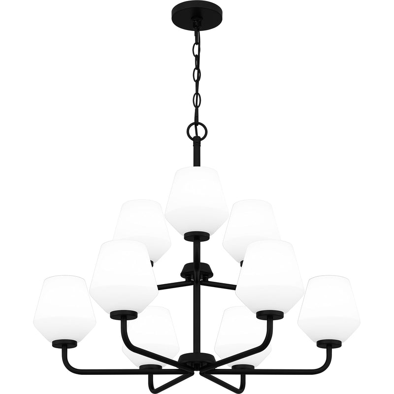 Quoizel Nielson 28in 9-Light Chandelier | Transitional Matte Black and Opal Etched Glass | Dining Room & Foyer | Model NIE5028MBK