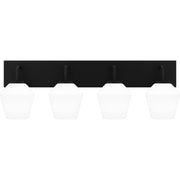 Quoizel Nielson 29in 4-Light Vanity Light | Transitional Matte Black and Opal Etched Glass | Bathroom Vanity | Model NIE8629MBK
