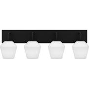 Quoizel Nielson 29in 4-Light Vanity Light | Transitional Matte Black and Opal Etched Glass | Bathroom Vanity | Model NIE8629MBK