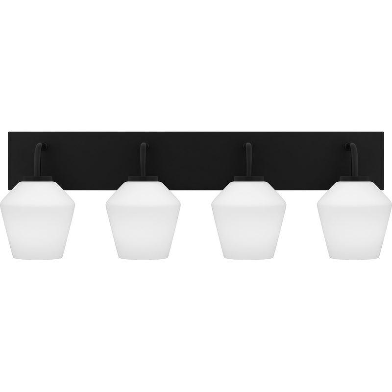 Quoizel Nielson 29in 4-Light Vanity Light | Transitional Matte Black and Opal Etched Glass | Bathroom Vanity | Model NIE8629MBK