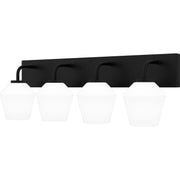 Quoizel Nielson 29in 4-Light Vanity Light | Transitional Matte Black and Opal Etched Glass | Bathroom Vanity | Model NIE8629MBK