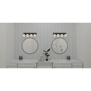 Quoizel Nielson 29in 4-Light Vanity Light | Transitional Matte Black and Opal Etched Glass | Bathroom Vanity | Model NIE8629MBK