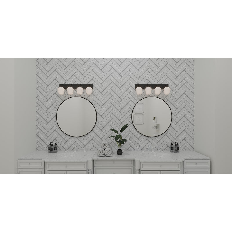 Quoizel Nielson 29in 4-Light Vanity Light | Transitional Matte Black and Opal Etched Glass | Bathroom Vanity | Model NIE8629MBK