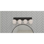 Quoizel Nielson 29in 4-Light Vanity Light | Transitional Matte Black and Opal Etched Glass | Bathroom Vanity | Model NIE8629MBK