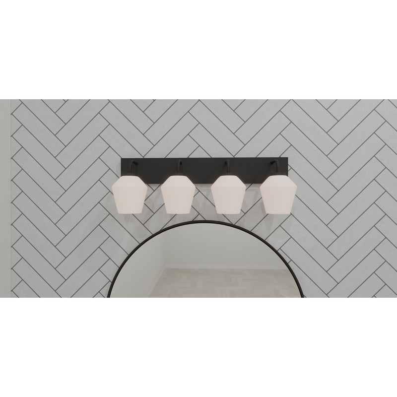 Quoizel Nielson 29in 4-Light Vanity Light | Transitional Matte Black and Opal Etched Glass | Bathroom Vanity | Model NIE8629MBK