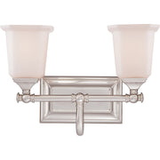 Quoizel Nicholas 15in 2-Light Vanity Light | Mid-Century Brushed Nickel and Opal Etched Glass | Bathroom Vanity & Powder Room | Model NL8602BN
