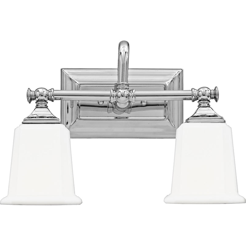 Quoizel Nicholas 15in 2-Light Vanity Light | Mid-Century Polished Chrome and Opal Etched Glass | Bathroom Vanity & Powder Room | Model NL8602C