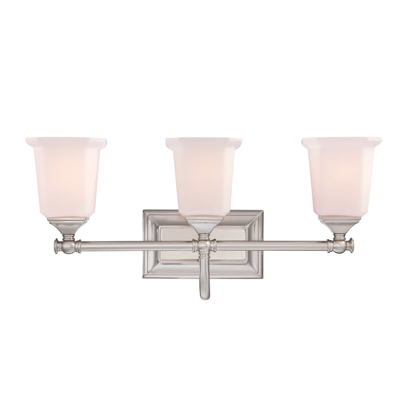 Quoizel Nicholas 22in 3-Light Vanity Light | Mid-Century Brushed Nickel and Opal Etched Glass | Bathroom Vanity & Powder Room | Model NL8603BN