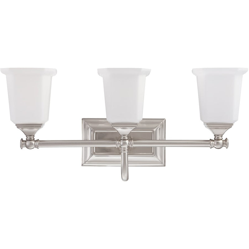 Quoizel Nicholas 22in 3-Light Vanity Light | Mid-Century Brushed Nickel and Opal Etched Glass | Bathroom Vanity & Powder Room | Model NL8603BN