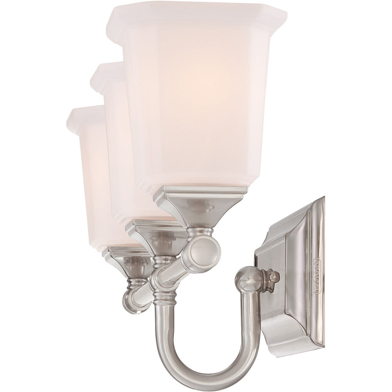 Quoizel Nicholas 22in 3-Light Vanity Light | Mid-Century Brushed Nickel and Opal Etched Glass | Bathroom Vanity & Powder Room | Model NL8603BN