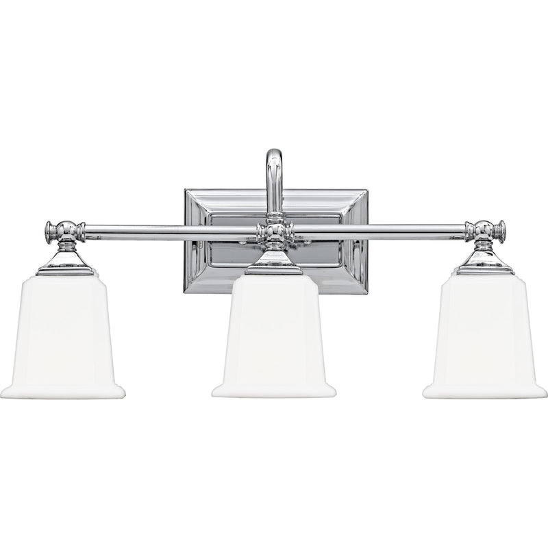 Quoizel Nicholas 22in 3-Light Vanity Light | Mid-Century Polished Chrome and Opal Etched Glass | Bathroom Vanity & Powder Room | Model NL8603C