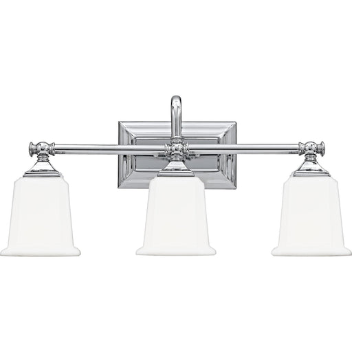 Quoizel Nicholas 22in 3-Light Vanity Light | Mid-Century Polished Chrome and Opal Etched Glass | Bathroom Vanity & Powder Room | Model NL8603C