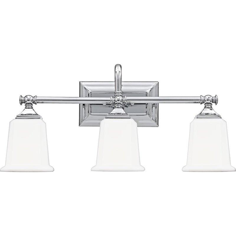 Quoizel Nicholas 22in 3-Light Vanity Light | Mid-Century Polished Chrome and Opal Etched Glass | Bathroom Vanity & Powder Room | Model NL8603C