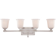 Quoizel Nicholas 30in 4-Light Vanity Light | Mid-Century Brushed Nickel and Opal Etched Glass | Bathroom Vanity | 30.5 x 7 x 10 in | Model NL8604BN