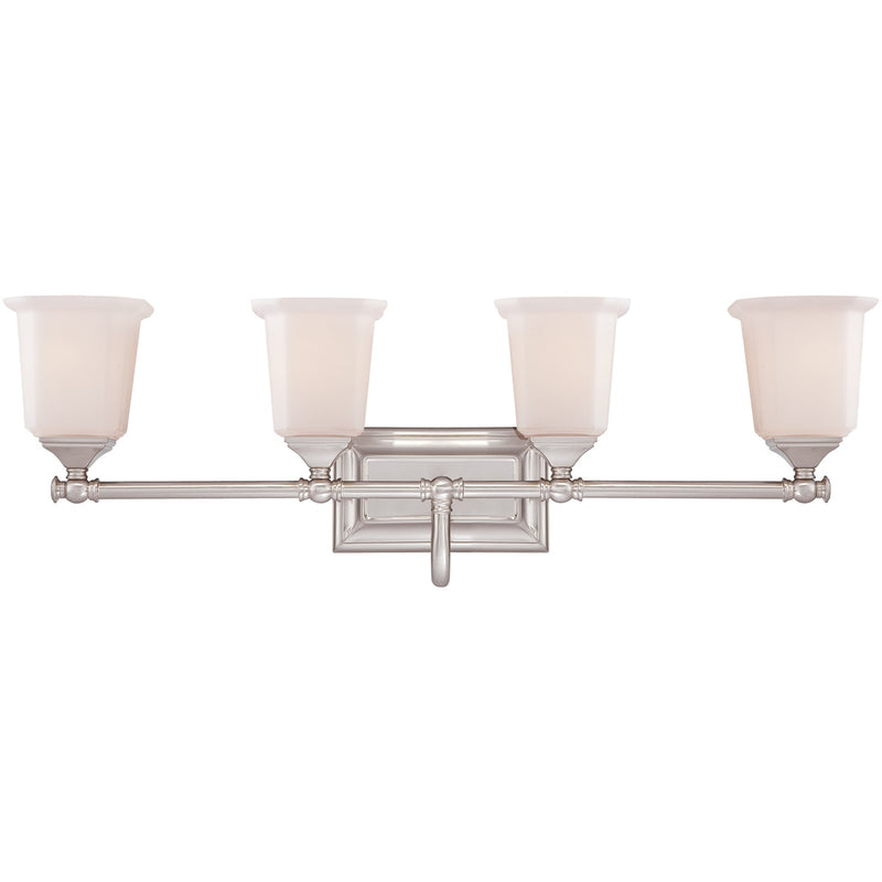 Quoizel Nicholas 30in 4-Light Vanity Light | Mid-Century Brushed Nickel and Opal Etched Glass | Bathroom Vanity | 30.5 x 7 x 10 in | Model NL8604BN