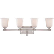 Quoizel Nicholas 30in 4-Light Vanity Light | Mid-Century Brushed Nickel and Opal Etched Glass | Bathroom Vanity | 30.5 x 7 x 10 in | Model NL8604BN