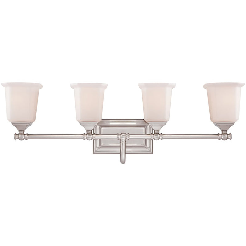 Quoizel Nicholas 30in 4-Light Vanity Light | Mid-Century Brushed Nickel and Opal Etched Glass | Bathroom Vanity | 30.5 x 7 x 10 in | Model NL8604BN