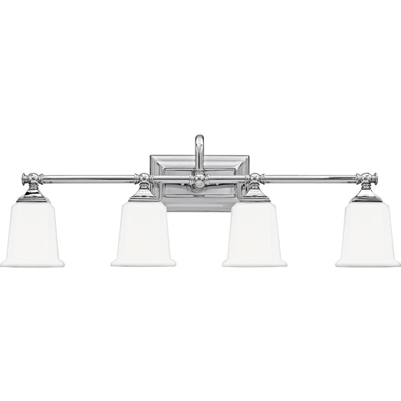 Quoizel Nicholas 30in 4-Light Vanity Light | Mid-Century Polished Chrome and Opal Etched Glass | Bathroom Vanity | 30.5 x 7 x 10 in | Model NL8604C