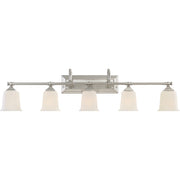 Quoizel Nicholas 42in 5-Light Vanity Light | Mid-Century Brushed Nickel and Opal Etched Glass | Bathroom Vanity | 41.75 x 7 x 10 in | Model NL8605BN