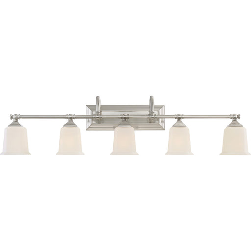 Quoizel Nicholas 42in 5-Light Vanity Light | Mid-Century Brushed Nickel and Opal Etched Glass | Bathroom Vanity | 41.75 x 7 x 10 in | Model NL8605BN