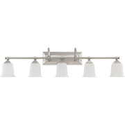 Quoizel Nicholas 42in 5-Light Vanity Light | Mid-Century Brushed Nickel and Opal Etched Glass | Bathroom Vanity | 41.75 x 7 x 10 in | Model NL8605BN