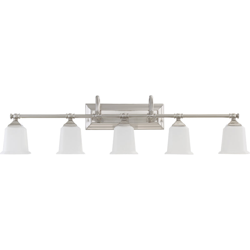 Quoizel Nicholas 42in 5-Light Vanity Light | Mid-Century Brushed Nickel and Opal Etched Glass | Bathroom Vanity | 41.75 x 7 x 10 in | Model NL8605BN