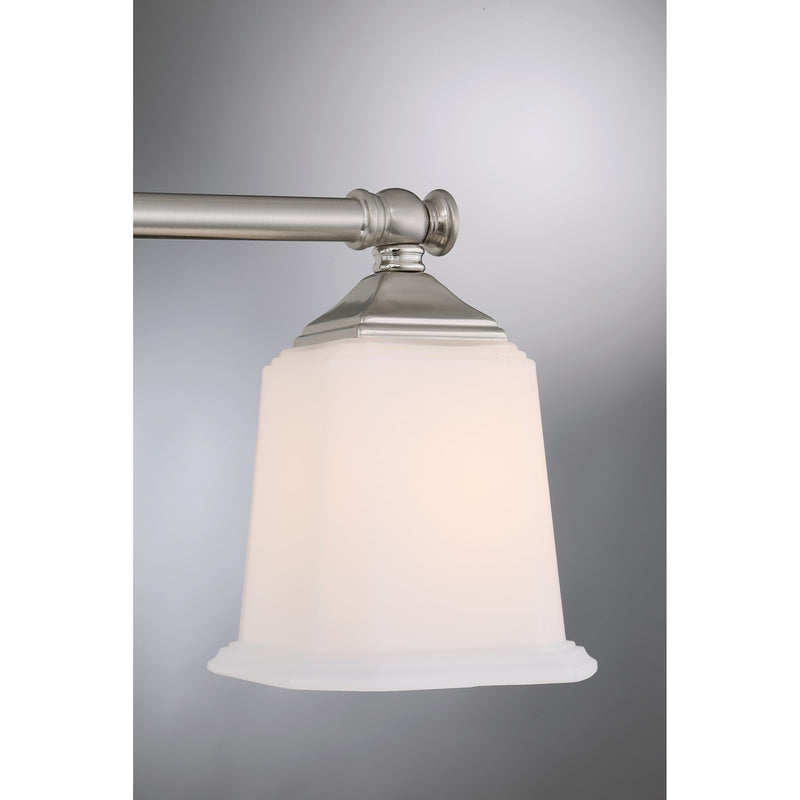 Quoizel Nicholas 42in 5-Light Vanity Light | Mid-Century Brushed Nickel and Opal Etched Glass | Bathroom Vanity | 41.75 x 7 x 10 in | Model NL8605BN