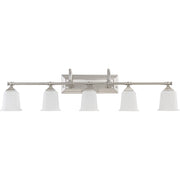 Quoizel Nicholas 42in 5-Light Vanity Light | Mid-Century Brushed Nickel and Opal Etched Glass | Bathroom Vanity | 41.75 x 7 x 10 in | Model NL8605BN