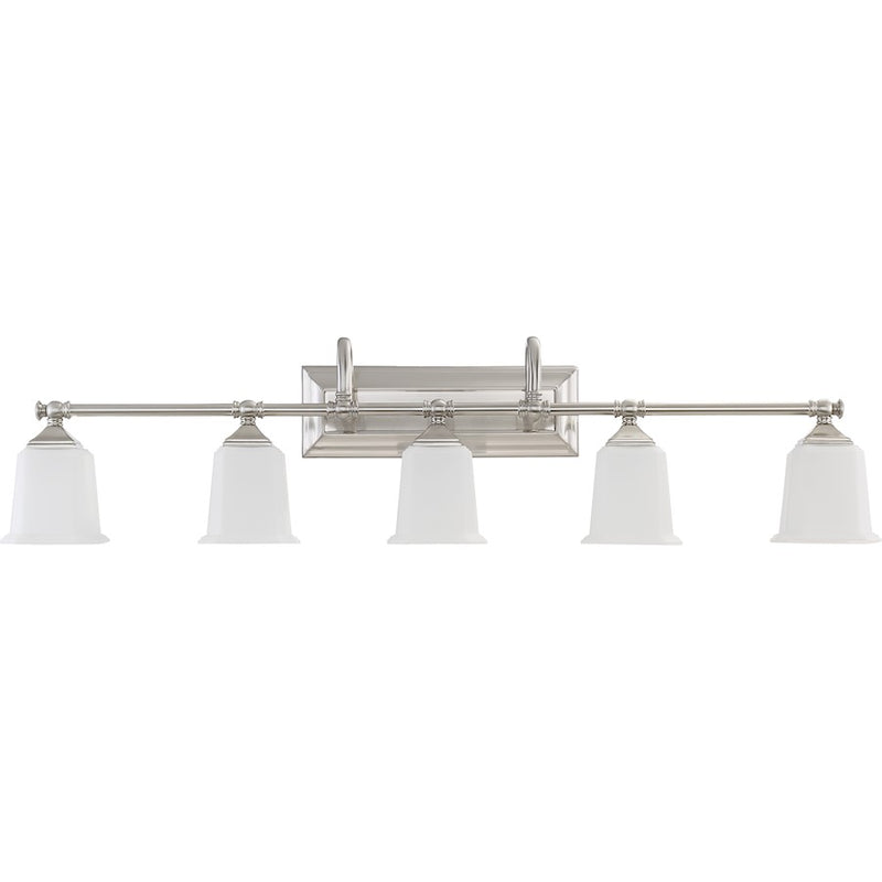 Quoizel Nicholas 42in 5-Light Vanity Light | Mid-Century Brushed Nickel and Opal Etched Glass | Bathroom Vanity | 41.75 x 7 x 10 in | Model NL8605BN