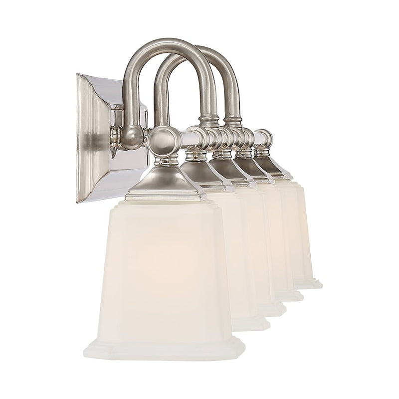 Quoizel Nicholas 42in 5-Light Vanity Light | Mid-Century Brushed Nickel and Opal Etched Glass | Bathroom Vanity | 41.75 x 7 x 10 in | Model NL8605BN