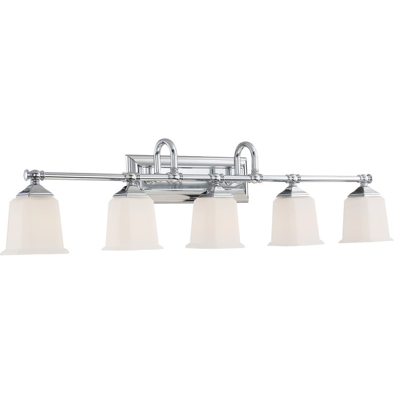 Quoizel Nicholas 42in 5-Light Vanity Light | Mid-Century Polished Chrome and Opal Etched Glass | Bathroom Vanity | 41.75 x 7 x 10 in | Model NL8605C