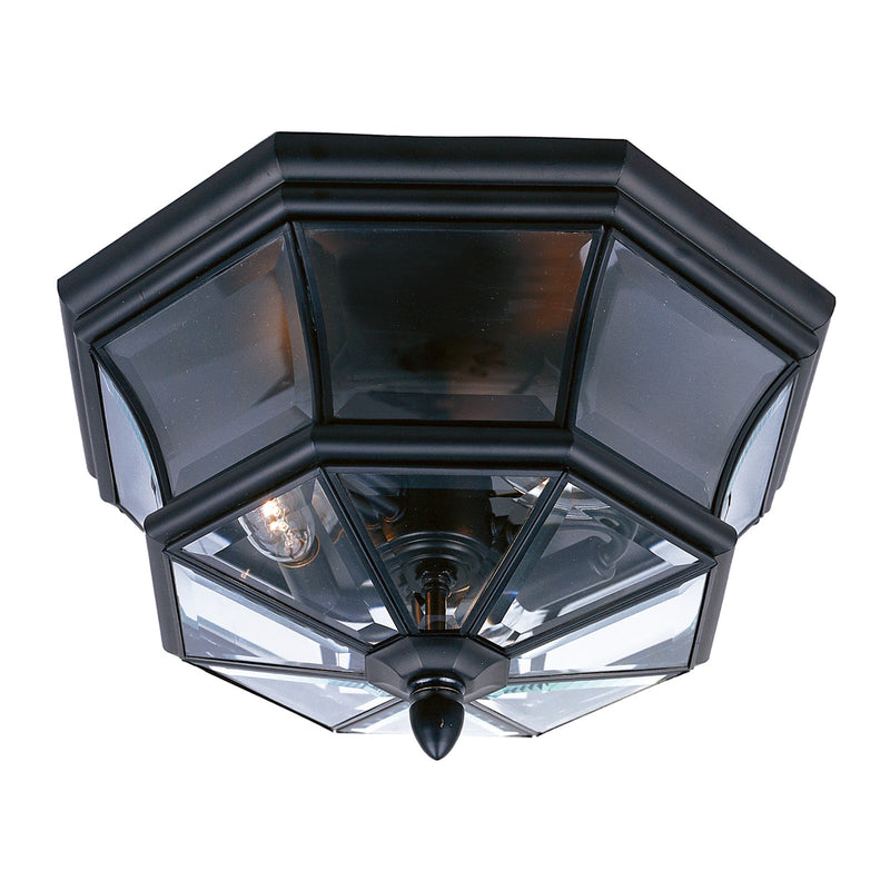 Quoizel Newbury 15in 3-Light Outdoor Flush Mount | Classic Mystic Black Brass and Clear Beveled Glass | Front Porch & Entryway | Model NY1794K