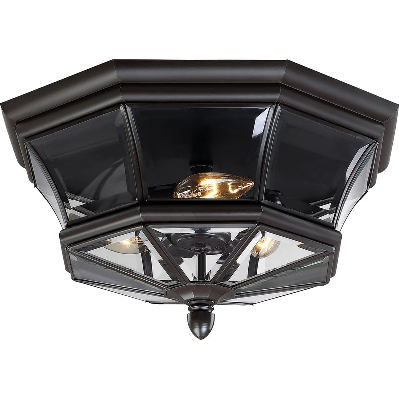 Quoizel Newbury 15in 3-Light Outdoor Flush Mount | Classic Medici Bronze Brass and Clear Beveled Glass | Front Porch & Entryway | Model NY1794Z