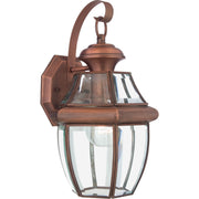 Quoizel Newbury 8in 1-Light Outdoor Wall Lantern | Traditional Aged Copper and Clear Beveled Glass | Front Door & Porch | Model NY8316AC