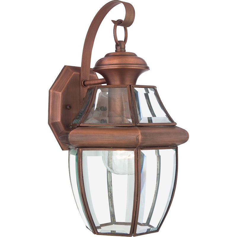 Quoizel Newbury 8in 1-Light Outdoor Wall Lantern | Traditional Aged Copper and Clear Beveled Glass | Front Door & Porch | Model NY8316AC