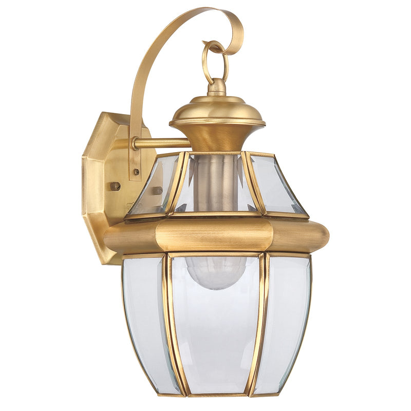 Quoizel Newbury 8in 1-Light Outdoor Wall Lantern | Traditional Polished Brass and Clear Beveled Glass | Front Door & Porch | Model NY8316B