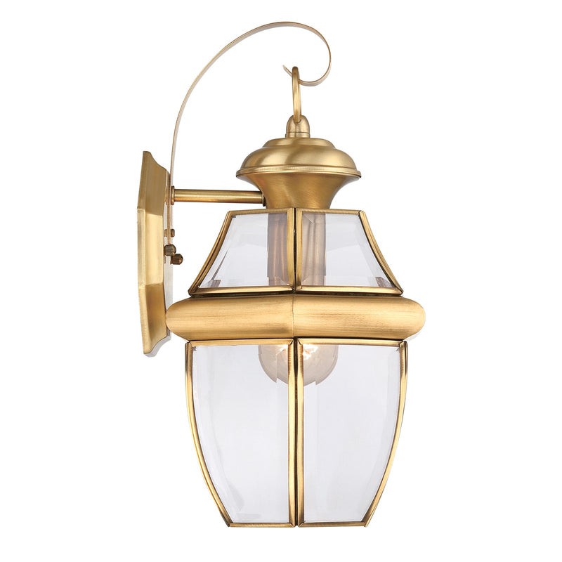 Quoizel Newbury 8in 1-Light Outdoor Wall Lantern | Traditional Polished Brass and Clear Beveled Glass | Front Door & Porch | Model NY8316B