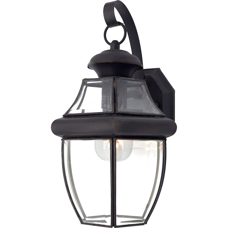 Quoizel Newbury 8in 1-Light Outdoor Wall Lantern | Traditional Medici Bronze and Clear Beveled Glass | Front Door & Porch | Model NY8316Z