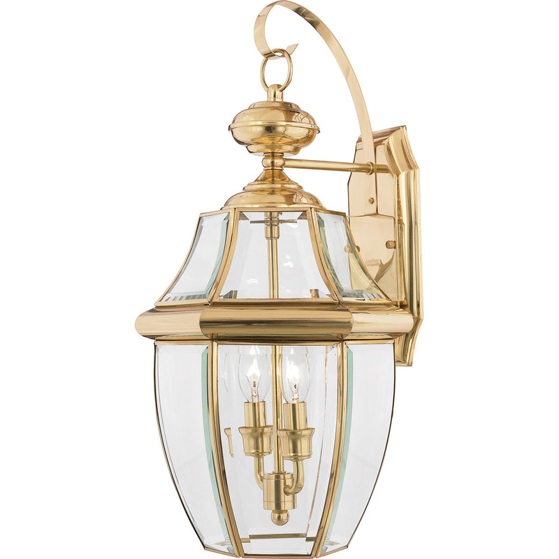 Quoizel Newbury 10in 2-Light Outdoor Wall Lantern | Traditional Polished Brass and Clear Beveled Glass | Front Door & Porch | Model NY8317B