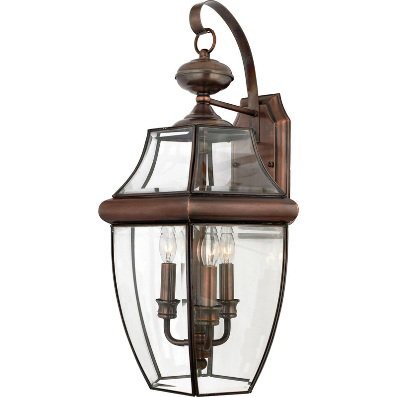 Quoizel Newbury 22.5in 3-Light Outdoor Wall Lantern | Traditional Aged Copper and Clear Beveled Glass | Front Door & Porch | Model NY8318AC