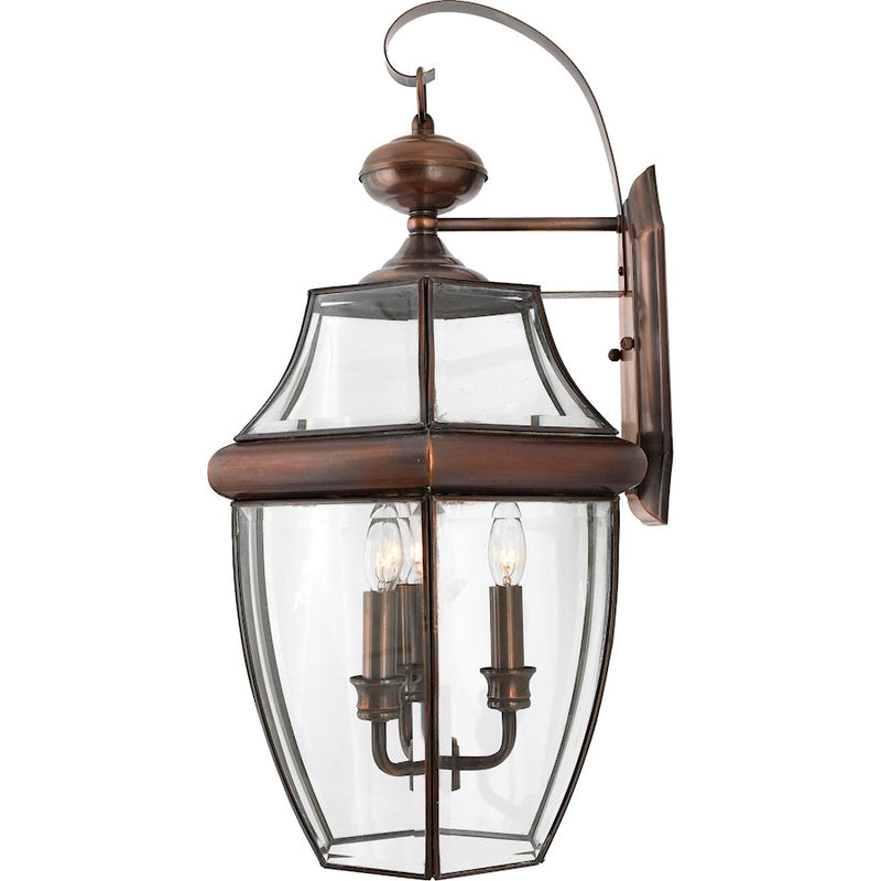 Quoizel Newbury 22.5in 3-Light Outdoor Wall Lantern | Traditional Aged Copper and Clear Beveled Glass | Front Door & Porch | Model NY8318AC
