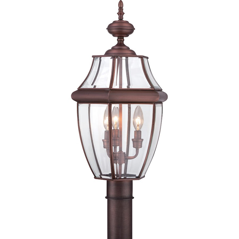 Quoizel Newbury 12.5in 3-Light Outdoor Lantern | Classic Aged Copper and Clear Beveled Glass | Front Porch & Entryway | Model NY9043AC