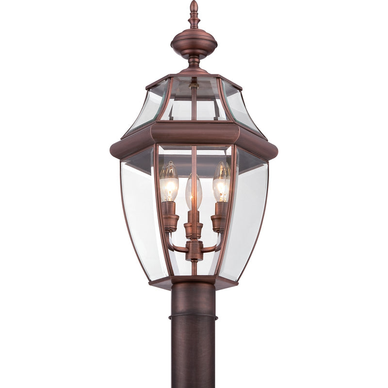 Quoizel Newbury 12.5in 3-Light Outdoor Lantern | Classic Aged Copper and Clear Beveled Glass | Front Porch & Entryway | Model NY9043AC