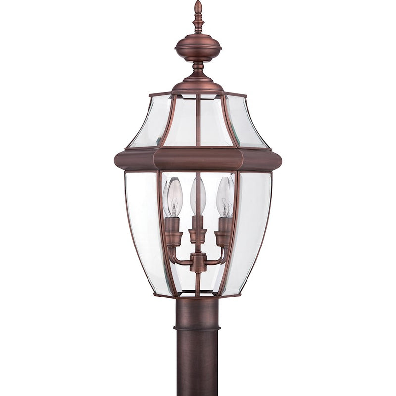 Quoizel Newbury 12.5in 3-Light Outdoor Lantern | Classic Aged Copper and Clear Beveled Glass | Front Porch & Entryway | Model NY9043AC