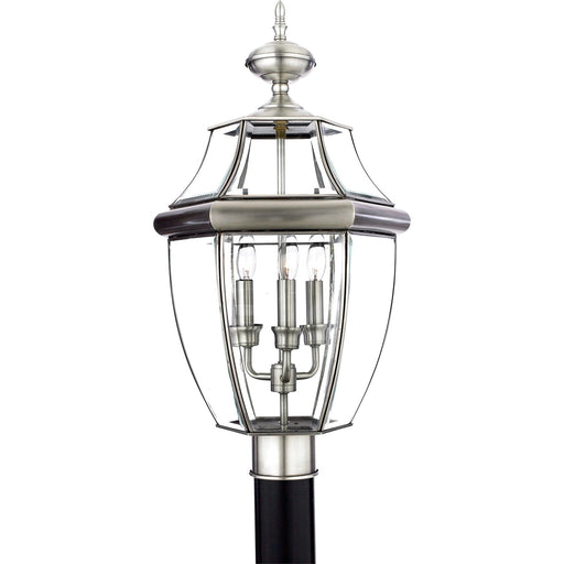 Quoizel Newbury 12.5in 3-Light Outdoor Lantern | Traditional Pewter Brass and Clear Beveled Glass | Front Porch & Entryway | Model NY9043P