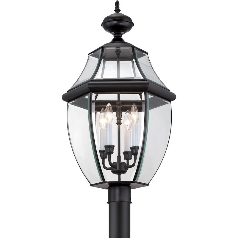 Quoizel Newbury 16in 4-Light Outdoor Lantern | Traditional Mystic Black Brass and Clear Beveled Glass | Front Porch & Entryway | Model NY9045K