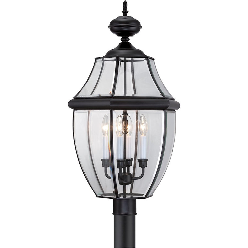 Quoizel Newbury 16in 4-Light Outdoor Lantern | Traditional Mystic Black Brass and Clear Beveled Glass | Front Porch & Entryway | Model NY9045K